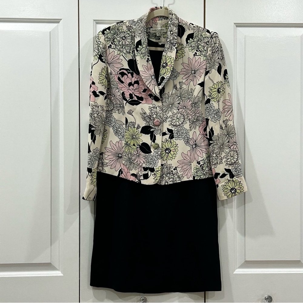 Amanda Smith Petite Suits Floral 100% Silk Blazer Dress Set Pink Green Black 8P